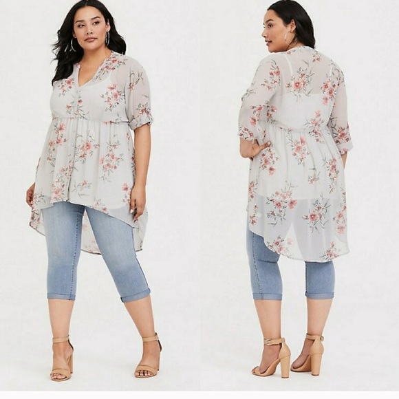 torrid Tops - Torrid Hi-low Chiffon Floral Button-Up Tunic